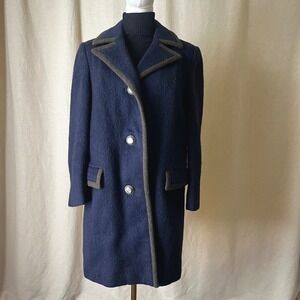 Vintage Lodenfrey Austrian Wool Coat Navy Green Trim Eagle Buttons Size M